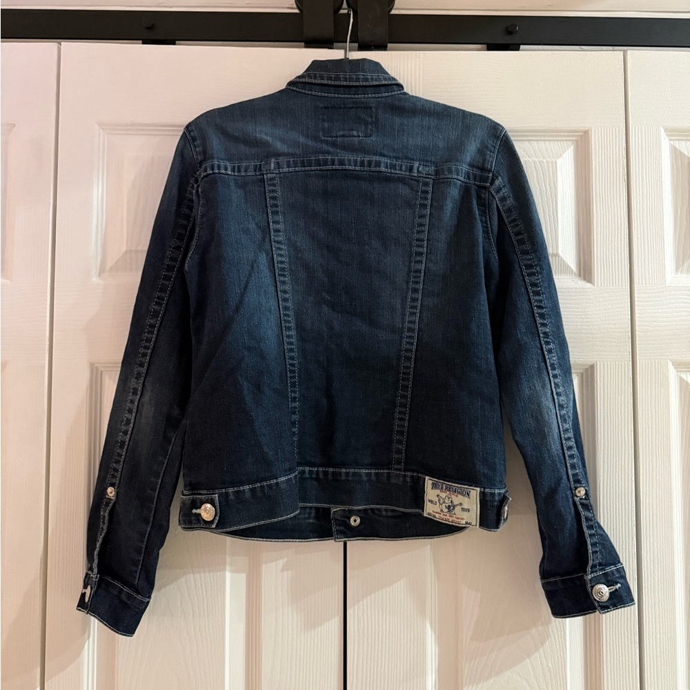 Y2K True Religion Trucker Jacket Dark Wash Stretch Denim Jean Coat Size L - Picture 5 of 7
